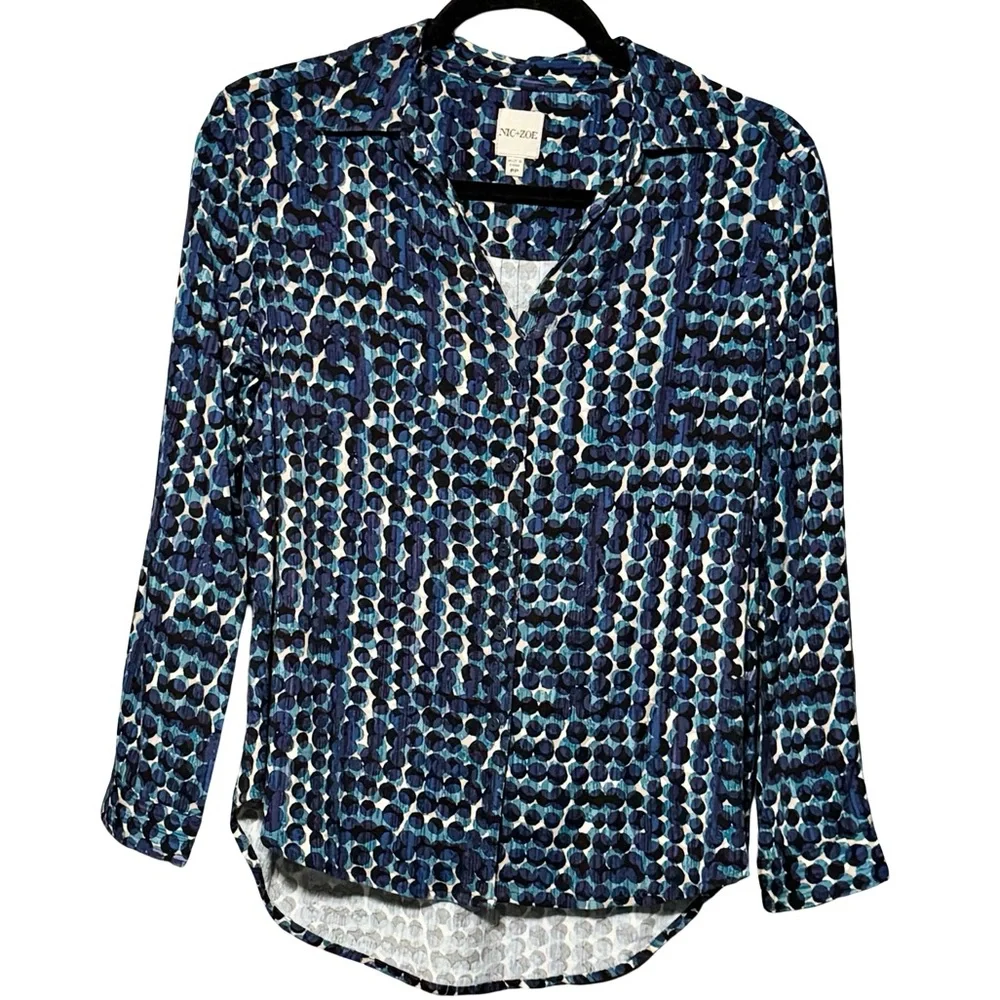 Nic + Zoe Long Good Vibes Sleeve Button Front Abstract Polka Dot Blouse Top - Picture 2 of 14